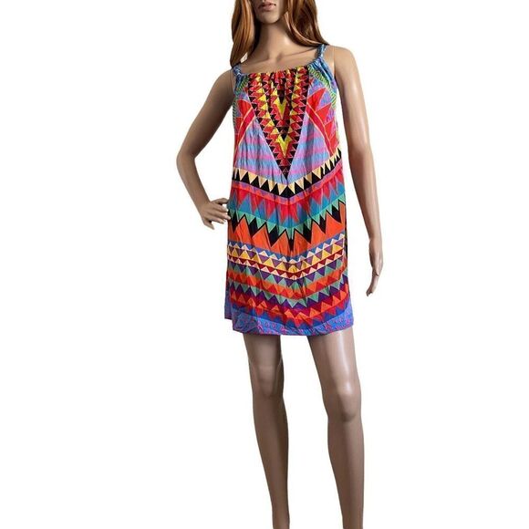 NWT Ruby Yaya Women's Boho Beaded Embellished Mini Ajustable Tie Neck Dress Sz M - Picture 1 of 9